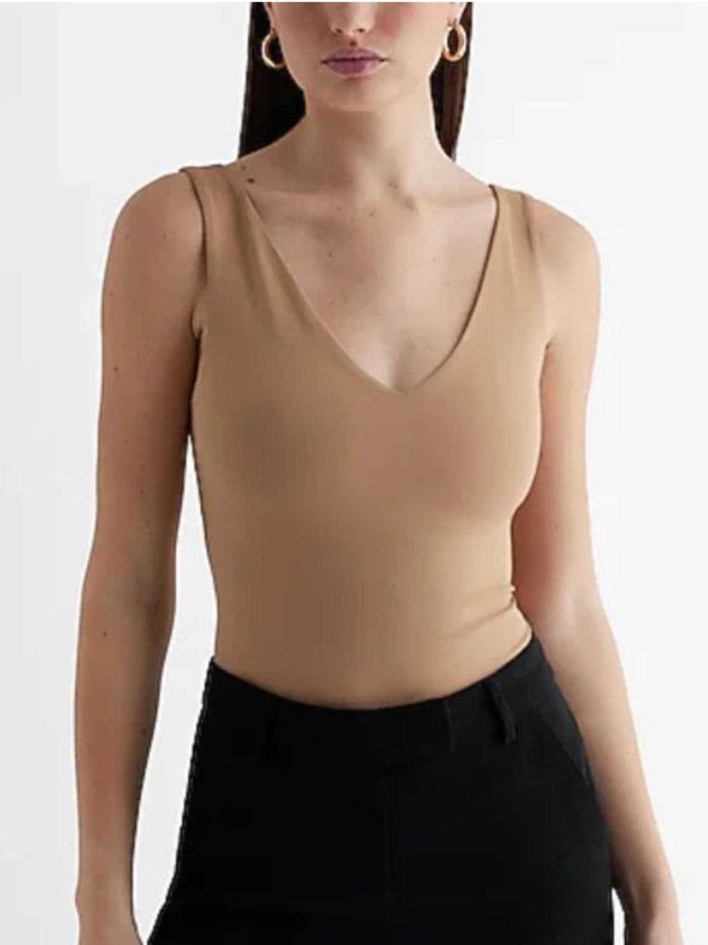 Express BODY CONTOUR DOUBLE LAYER V-NECK THONG BODYSUIT - Tan